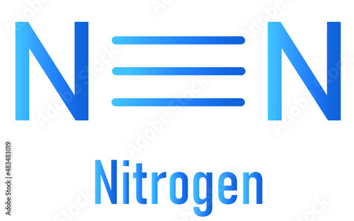 Elemental nitrogen N2 molecule. Nitrogen gas is the main component of the Earth's atmosphere. Skeletal formula.