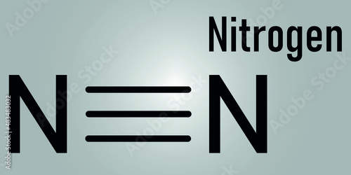 Elemental nitrogen N2 molecule. Nitrogen gas is the main component of the Earth's atmosphere. Skeletal formula.