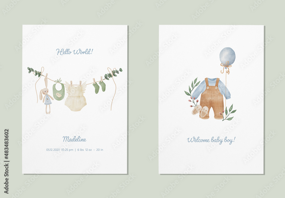 baby-birth-announcement-cards-set-with-watercolor-illustrations-stock-template-adobe-stock for Birth Announcement Cards Free Printable Baby Birth Announcement Cards Set with Watercolor Illustrations Stock Template | Adobe Stock for Birth Announcement Cards Free Printable