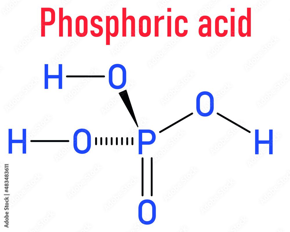 Phosphoric acid mineral acid molecule. Used in fertilizer production, biological buffers, as food additive, etc. Skeletal formula. Phosphoric acid mineral acid molecule. Used in fertilizer production, biological buffers, as food additive, etc. Skeletal formula.
