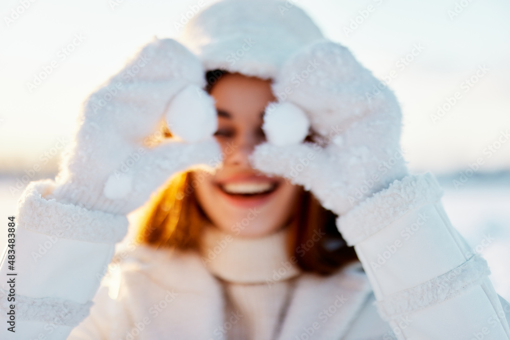 beautiful woman in a white coat in a hat winter landscape walk nature beautiful woman in a white coat in a hat winter landscape walk nature