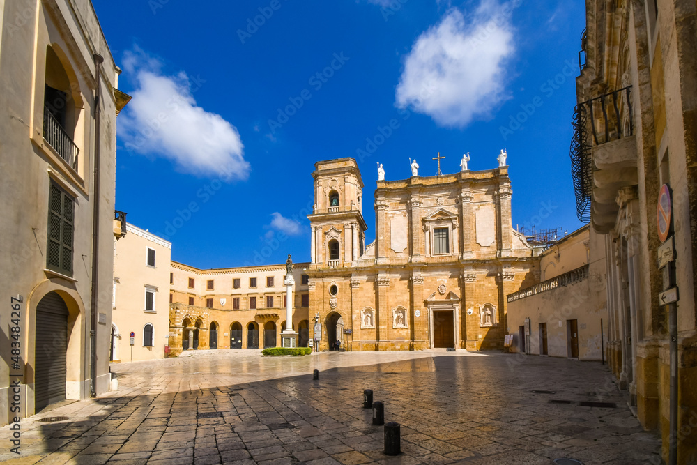 The facade of the Duomo Cathedral Church of Brindisi also known as St. John the Baptist Church in the Puglia region of Brindisi, Italy