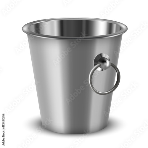 Realistic metallic champagne bucket with ring handle vector stainless pail for alcohol bottle