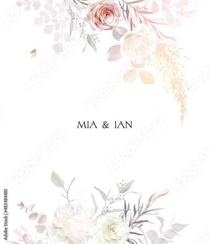 Modern beige and blush trendy vector design frame. Pastel dried pampas grass