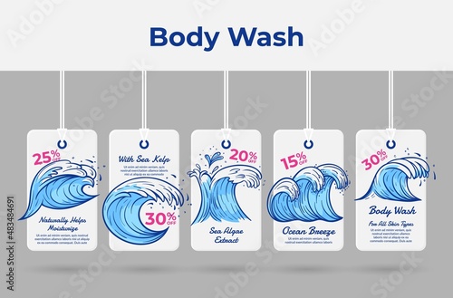 Ocean breeze body wash realistic tag rope collection vector illustration. Advertising sale discount