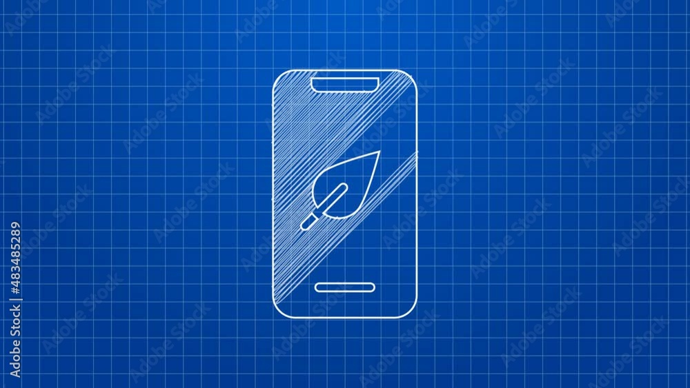 White line Smartphone, mobile phone with leaf icon isolated on blue background. 4K Video motion graphic animation White line Smartphone, mobile phone with leaf icon isolated on blue background. 4K Video motion graphic animation