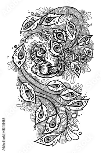 Peacock coloring page. Black and white doodle for coloring book on white background