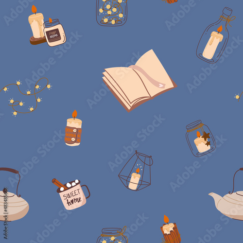 Cozy seamless pattern in hygge style. Candles, books and coffee with marshmallows. Vector in flat style