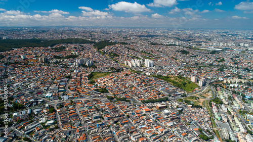 Aerial view of Itaquera, Sao Paulo. Residential buildings, avenues and train photo