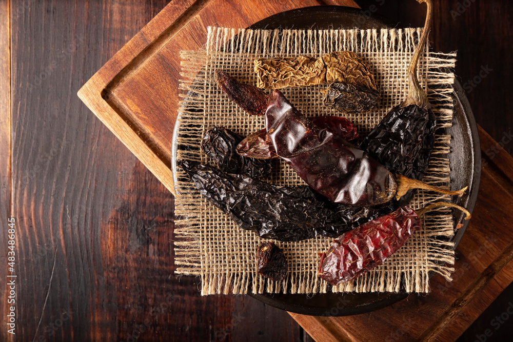 Variety of mexican dried chili. Chile Morita, Guajillo, sChipotle and