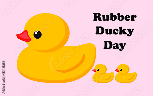 Holiday National Rubber Duck Day. Yellow cute duckling on a pink background. Waterfowl. Vector.
