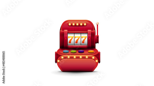 Red volumetric slot machine with jackpot in cartoon style isolated on white background for your arts