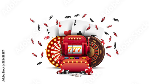 Red slot machine, Casino Wheel Fortune, Roulette wheel, poker chips and playing cards in cartoon style isolated on white background