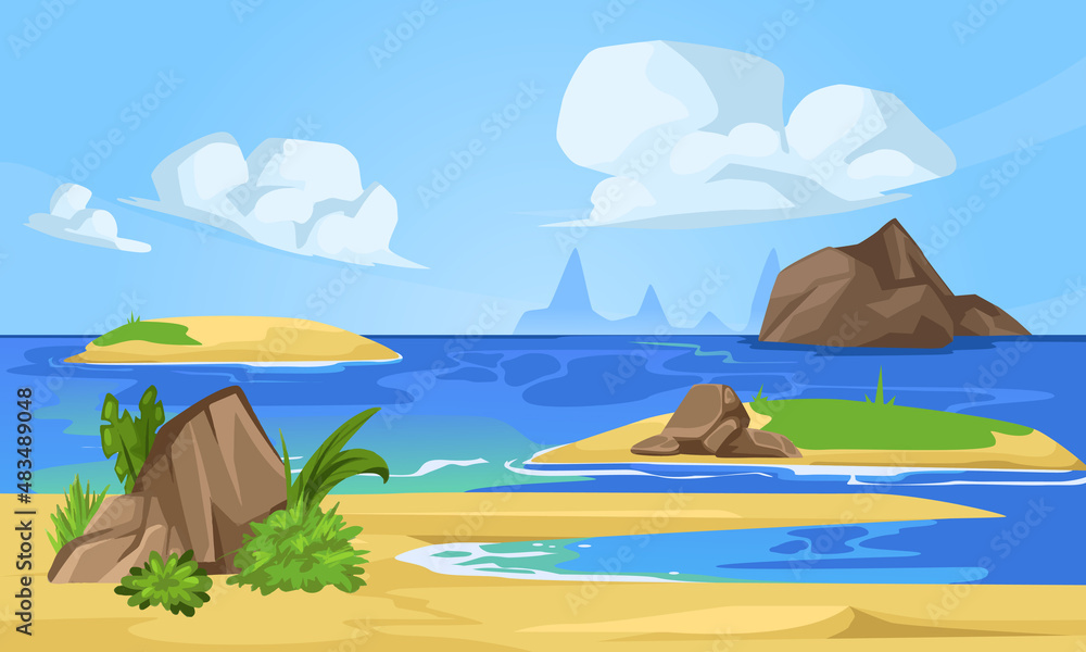 The landscape of a tropical beach. Natural landscape. Cloudy sky with blue sea and rocks. Cartoon summer background.