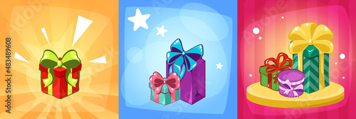 Banner of prize drawing, gift distribution. Giveaway gift. Surprise. Cartoon style poster template.
