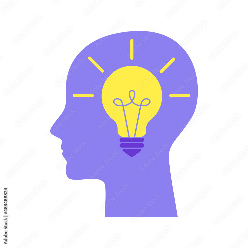 Profile human head thinking with bulb lamp. Symbol creativity, idea, mind, thinking, innovation, knowledge, solution. Vector flat illustration concept. Design for banner, background, poster Profile human head thinking with bulb lamp. Symbol creativity, idea, mind, thinking, innovation, knowledge, solution. Vector flat illustration concept. Design for banner, background, poster