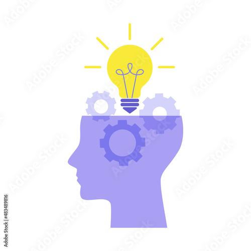 Profile human head thinking with bulb lamp and gear. Symbol creativity, idea, mind, thinking, innovation, knowledge, solution. Vector flat illustration concept. Design for banner, background, poster