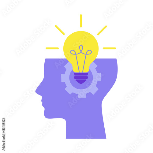 Profile human head thinking with bulb lamp and gear. Symbol creativity, idea, mind, thinking, innovation, knowledge, solution. Vector flat illustration concept. Design for banner, background, poster