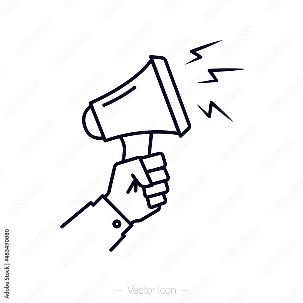 Hand holding megaphone line icon. Promotion base icon. Vector illustration Hand holding megaphone line icon. Promotion base icon. Vector illustration