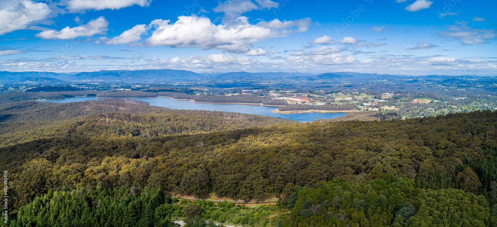 Aerial panoramic view of forest and Silvan Reservoir in Melbourne, Australia