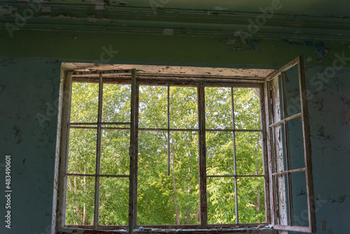 The window is old from which you can see the forest and trees. Old apartment. Windows without glass.