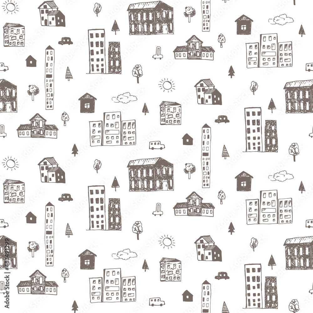 Cute brown seamless pattern with hand drawn vector houses, cars and trees. Funny textured buildings, simple car and tree texture for map design, textile, wrapping paper, cover, surface, design