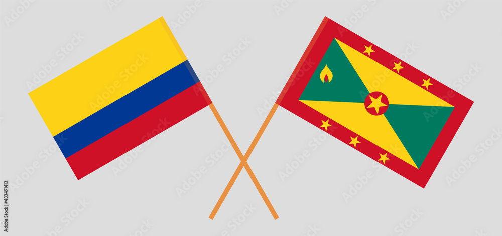 Crossed flags of Colombia and Grenada. Official colors. Correct proportion Crossed flags of Colombia and Grenada. Official colors. Correct proportion