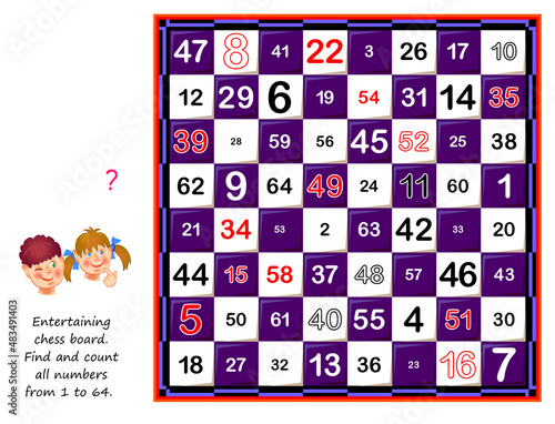 Logic puzzle game for children and adults. Entertaining chess board. Find and count all numbers from 1 to 64. Page for kids brain teaser book. Developing memory and counting skills. Play online.