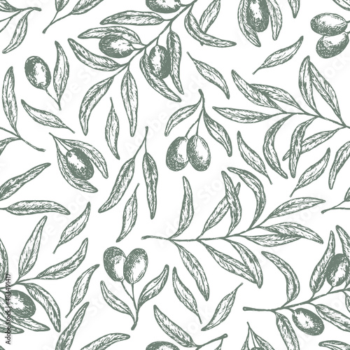 Tender pale green seamless pattern with hand drawn vector olive twigs. Engraving olives and branches texture for food and beauty package, textile design, wrapping paper