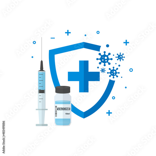 Syringe, vaccine vial and shield. Virus protection, vaccination concept. Vector illustration.