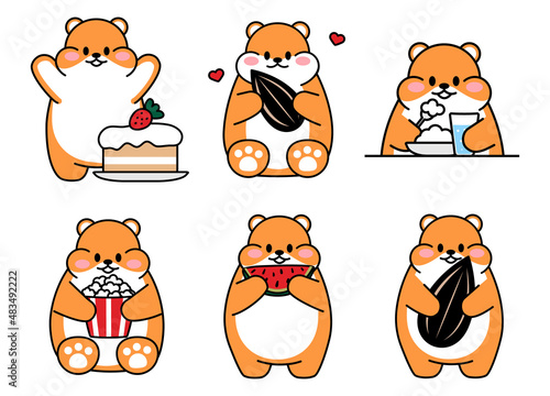 Set of cute drawn hamsters. Kawaii hamster eats a seed. Collection of avatars mascots funny character animal stickers isolated on white background. Vector stock illustration