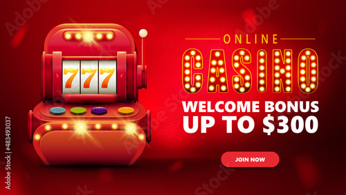 Online casino, red invitation banner for website with button and red volumetric slot machine with jackpot in cartoon style