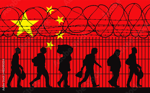 China flag. Refugees near barbed wire fence. Migrants migrates to other countries.