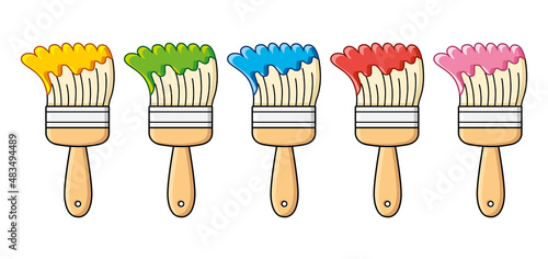 Yellow, green, blue, red and pink paint colors paintbrush isolated cartoon vector icons set.