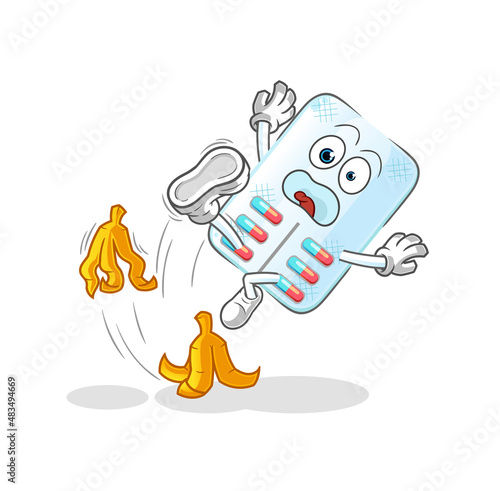 medicine slipped on banana. cartoon mascot vector