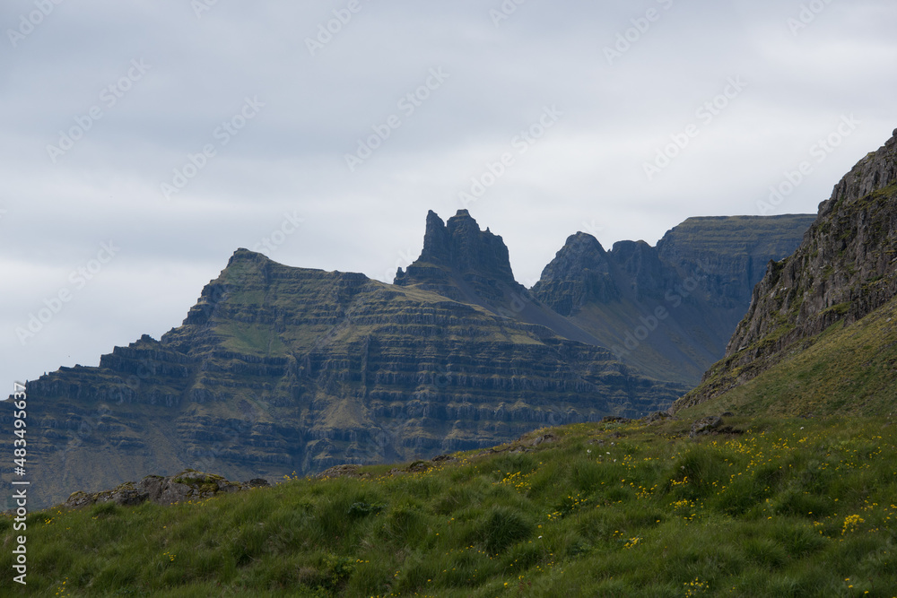 Fototapeta premium Green Grassy mountain Landscape Highland Cold Grey travel beautiful 