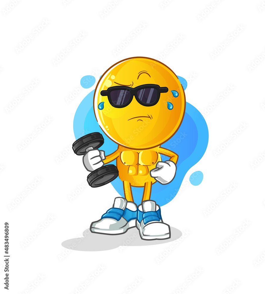 emoticon head cartoon lifting dumbbell vector. cartoon character Stock