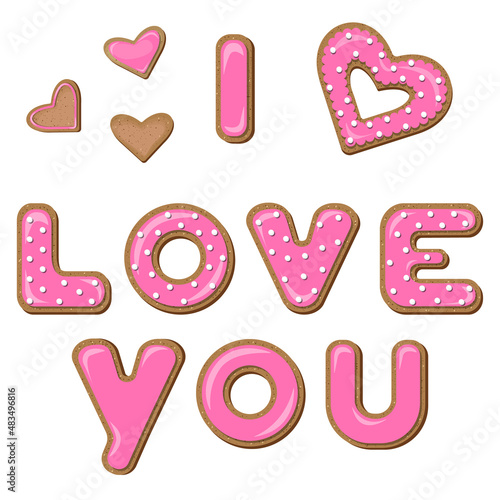 Vector set of cookies with declaration of love for valentine's day.
