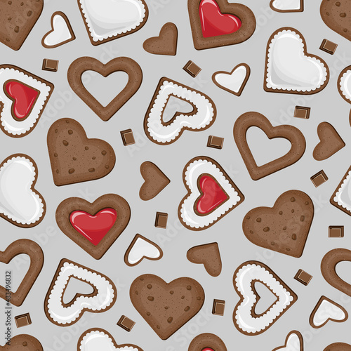 Vector seamless pattern of chocolate cookies in the form of hearts covered with white glaze and red jam isolated on grey background.