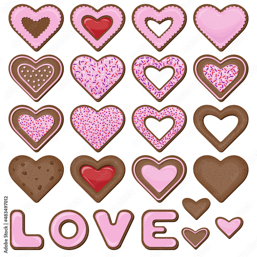 Vector set of chocolate cookies in the shape of hearts and cookies in the shape of letters folded into the word LOVE covered with pink glaze and decorated with confectionery topping isolated on white. Vector set of chocolate cookies in the shape of hearts and cookies in the shape of letters folded into the word LOVE covered with pink glaze and decorated with confectionery topping isolated on white.