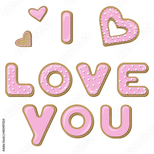 Vector set of cookies with declaration of love for valentine's day. Cookies in the shape of letters folded into the phrase I LOVE YOU covered with pink glaze isolated on white background.