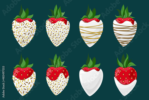 Vector set of strawberries covered with white glaze decorated with gold confectionery topping isolated on emerald background.
