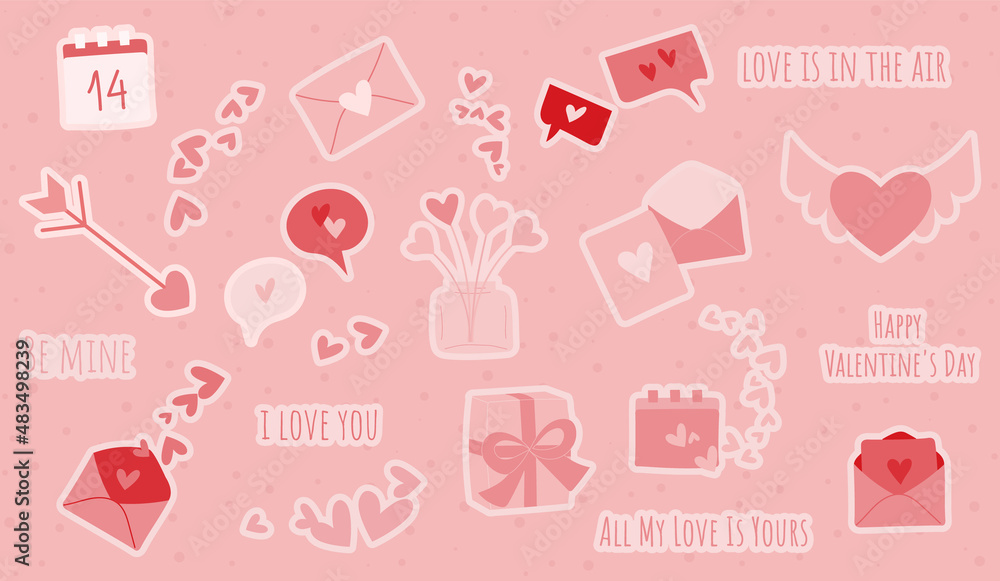 Set of valentines day doodle sticker vector. Collection of love symbol and romantic elements . Hand drawn 14 february isolated bundle.