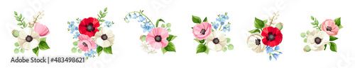 Set of red, pink, blue, and white poppy, bluebell, forget-me-not, and lily of the valley flowers isolated on a white background. Vector illustration.
