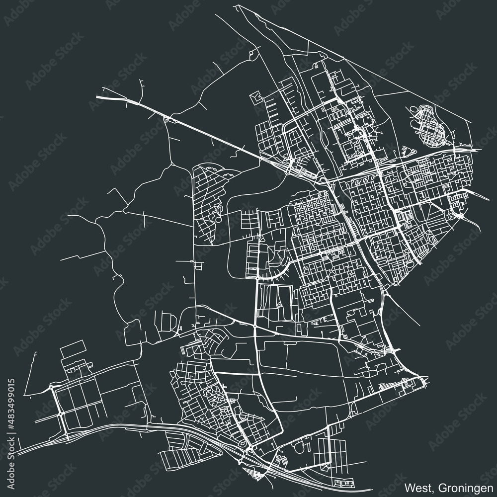 Detailed negative navigation white lines urban street roads map of the WEST DISTRICT of the Dutch regional capital city Groningen, Netherlands on dark gray background
