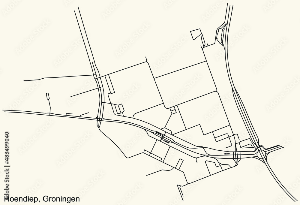Obraz premium Detailed navigation black lines urban street roads map of the HOENDIEP NEIGHBORHOOD of the Dutch regional capital city Groningen, Netherlands on vintage beige background
