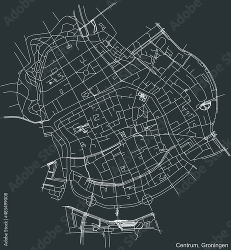 Detailed negative navigation white lines urban street roads map of the CENTRUM DISTRICT of the Dutch regional capital city Groningen, Netherlands on dark gray background