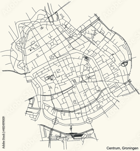 Detailed navigation black lines urban street roads map of the CENTRUM DISTRICT of the Dutch regional capital city Groningen, Netherlands on vintage beige background