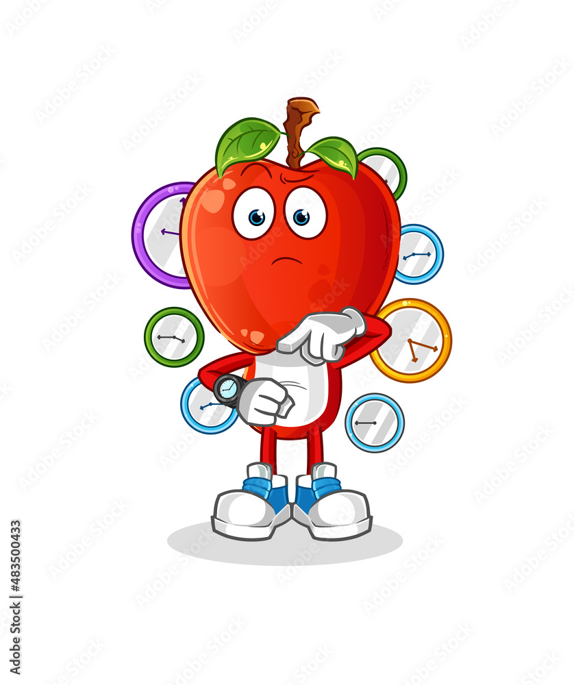 apple head cartoon with wristwatch. cartoon mascot vector apple head cartoon with wristwatch. cartoon mascot vector