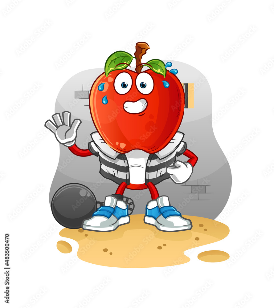 apple head cartoon criminal in jail. cartoon character apple head cartoon criminal in jail. cartoon character
